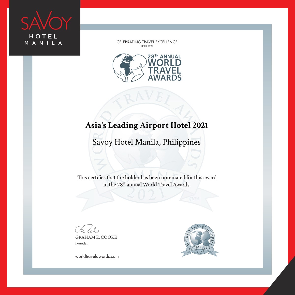 We Are Nominated as “Asia’s Leading Airport Hotel 2021” for the 28th Year of the World Travel Awards